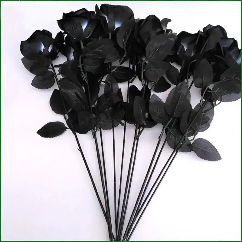 10Pcs/Set Artificial Black Single Rose Bouquet Halloween Ghost Festival Horror Gothic Style Dark Series Decorative FakeFlowers