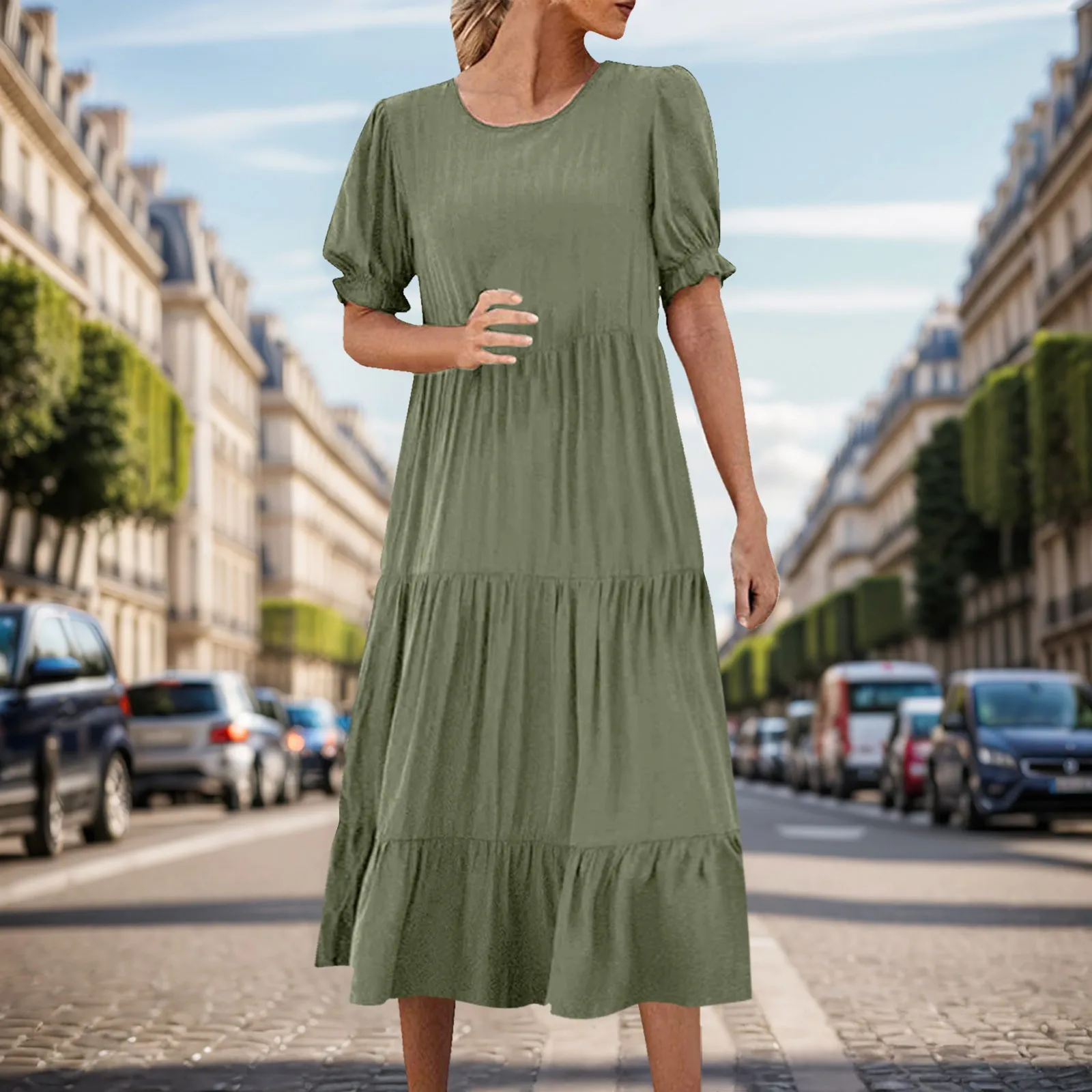 

Women Summer Pleated Dress Ruffle Puff Sleeve High Waist Round Neck Casual Dresses Ladies Solid Color Loose Fitting Midi Dress