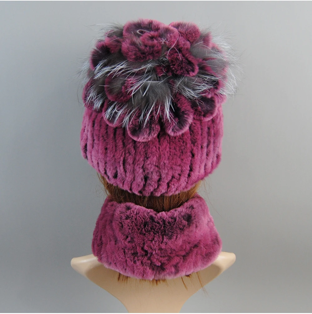 Real Rex Rabbit Fur Hat And Scarf Set Women Winter Knitted Beanie Hat Natural Fur Skullies Beanies Woman Hat Female Cap Elastic