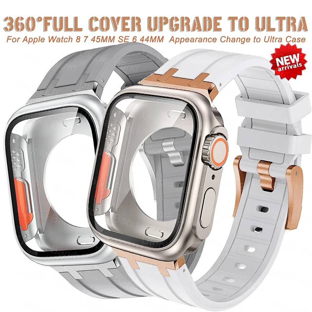 

Смените на Ultra чехол + ремешок для Apple Watch 45 мм 44 мм 360 Полное покрытие защитная пленка резиновый браслет для Iwatch 9 8 7 6 SE 5 4