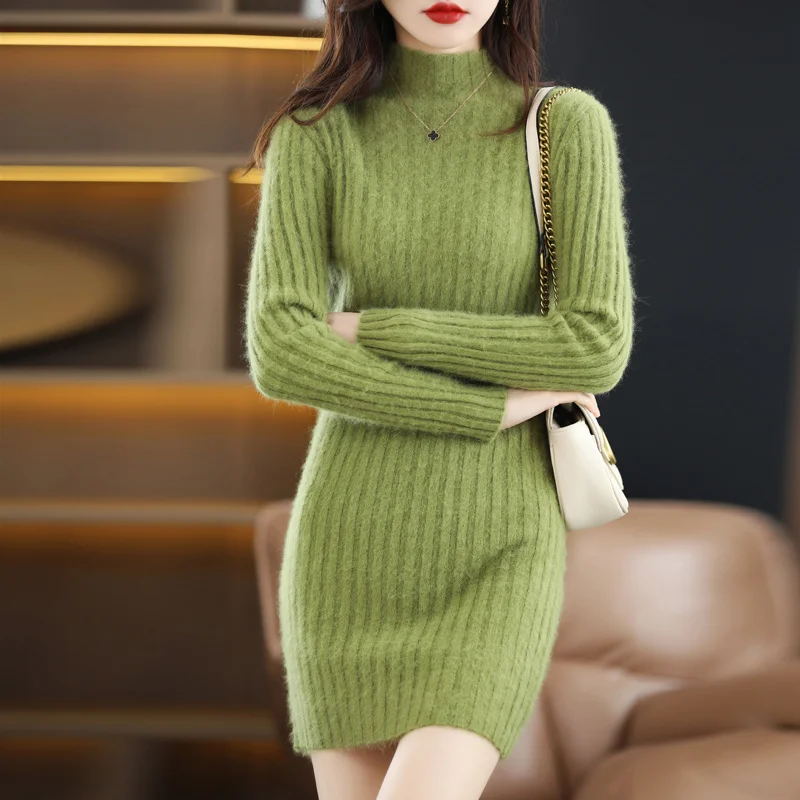 

Sweater Women's Autumn Winter Dress Mink Fleece Half High Neck Slim Fit Medium Long Pullover Korean Fashion Long Sleeve Knitwear
