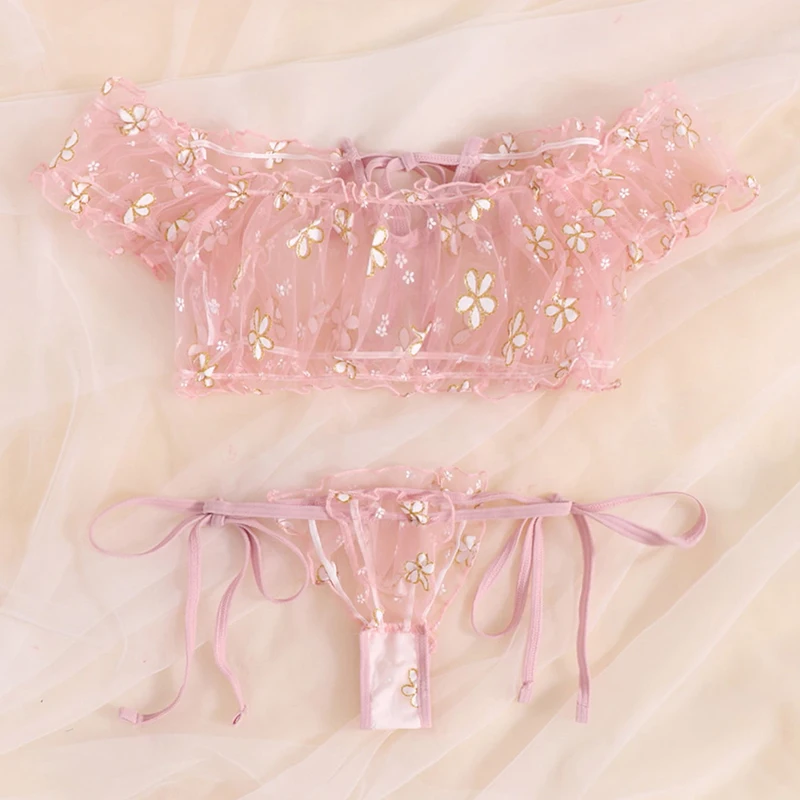 Seductive Summer Floral Lingerie Set - Off-Shoulder Bralette and Panties