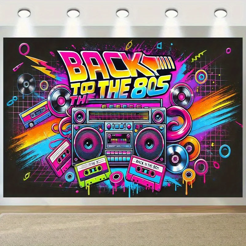 1 Stück, Retro-Party-Hintergrundtuch mit 1980er-Jahre – Polyester-Dekoration, geeignet zum Fotografieren und Feiern – Detail 5