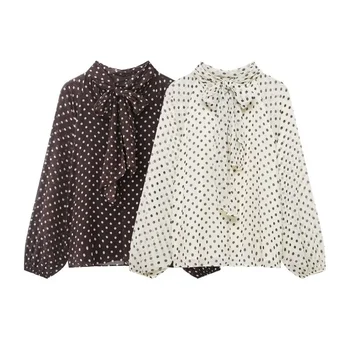 Elegant Women Polka Dot Blouse, Spring Bow Tie Lantern Sleeve Layered Neck Chiffon Shirt, Casual Daily Office Top 1