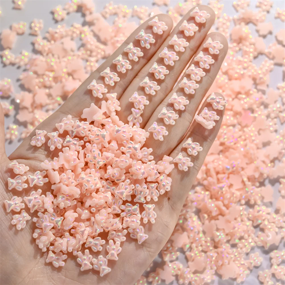 진주 빛 다채로운 곰 네일 송진 보석, 3D 거울 효과 쥬얼리, 카와이 오로라 곰 부품 참, DIY 매니큐어, 7*8mm, 10 개/백