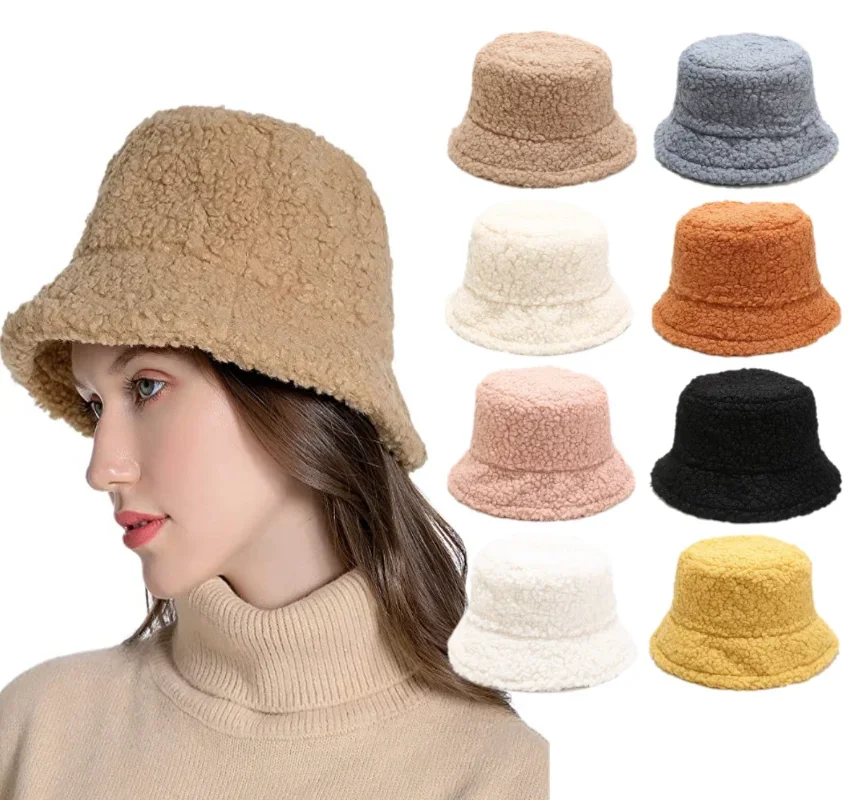 Lamb Faux Fur Bucket Hat Winter Warm Teddy Velvet Hats Caps For Women Lady Outdoor Panama Fisherman Hat
