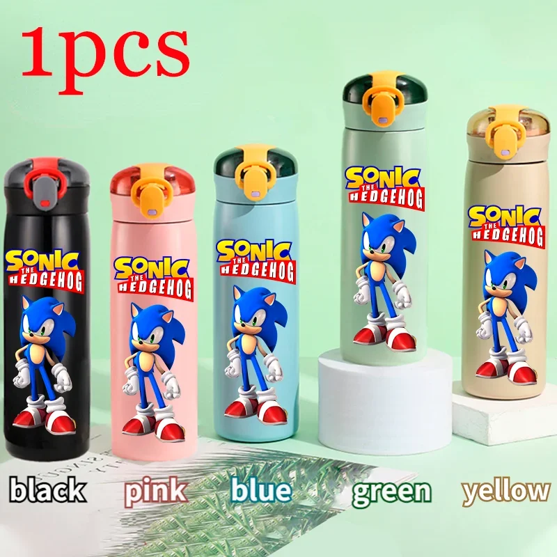 Vaso térmico para niños de Sonic The Hedgehog de 460 ml, vaso con pajita, botella de acero inoxidable portátil con puntos que rebotan, regalo para niños