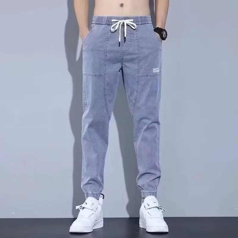 

Men Denim Wide-leg Pants Korean Style Straight Light Blue Baggy Jeans Elastic Waist Student Trousers Male Hip Hop Street Denim