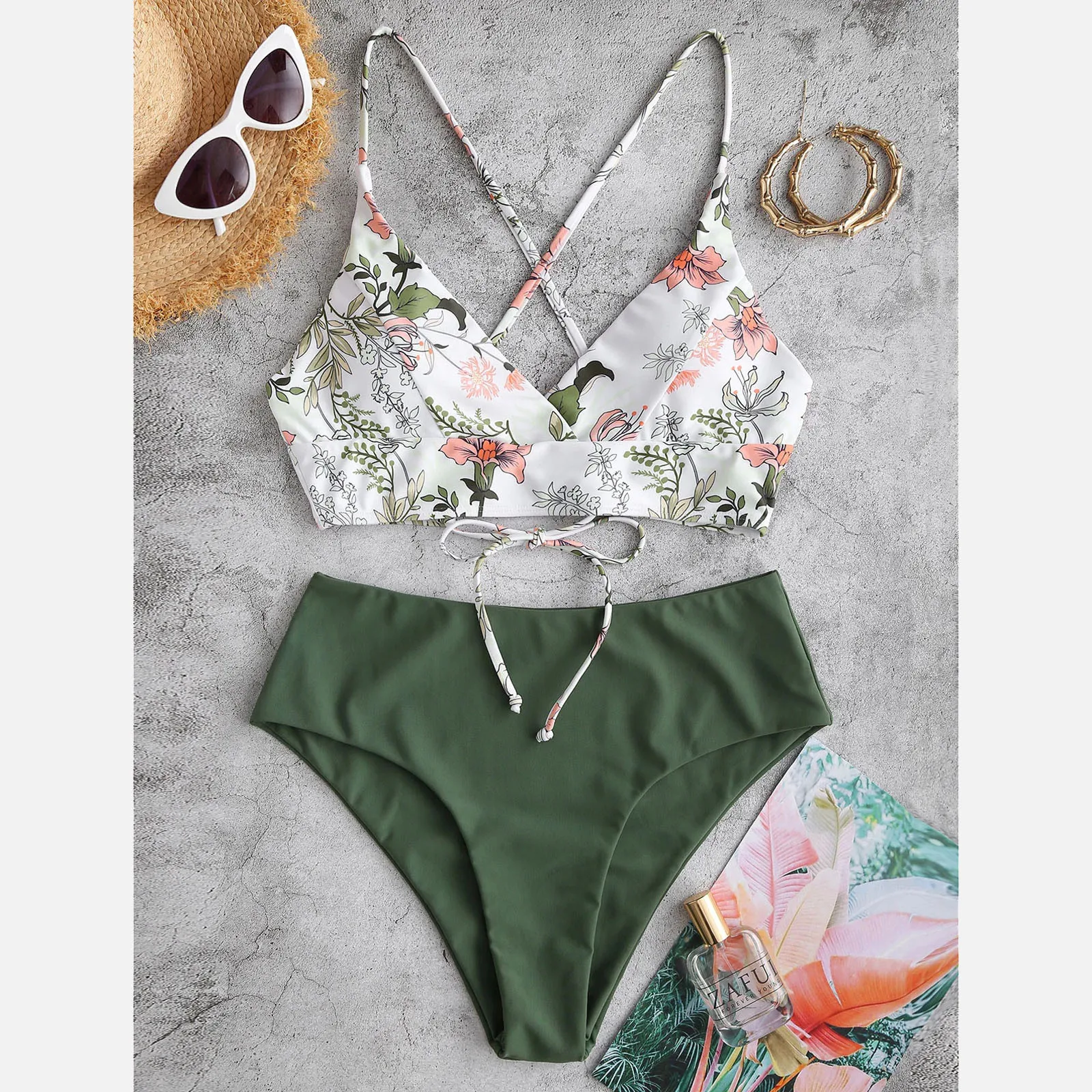 random tropical ruffle top with high waist bikini