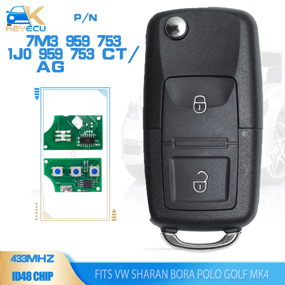 

KEYECU 7M3 959 753, 1J0 959 753 CT/ 1J0 959 753 AG Flip Remote Key 433MHz ID48 Chip 2 Button for VW Sharan Bora Polo Golf MK4