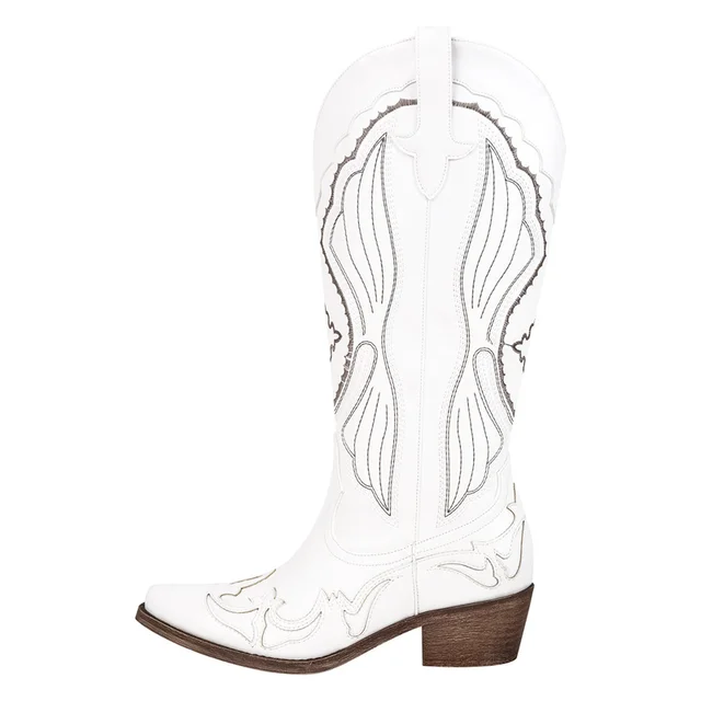 Onlymaker Woman Pointed Toe Black Western Cowboy Boots Block Heel Pull