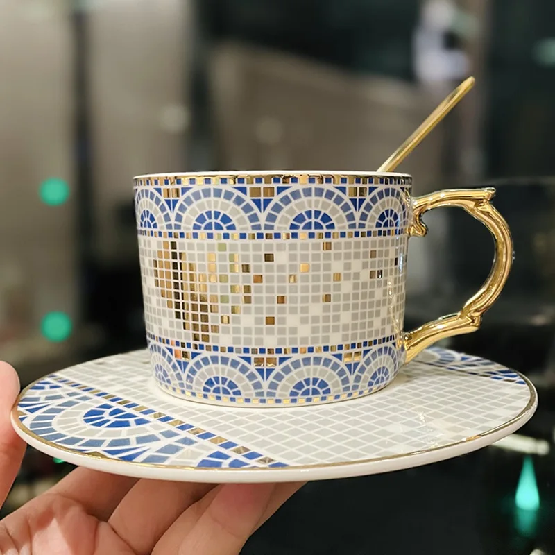 

European court style mosaic gold painted coffee cup with spoon luxurious afternoon tea ceramic cup and plate set