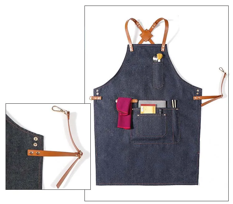 Mode bestickte Schürze Männer und Frauen Denim Canvas Ledergürtel Schönheitssalon Café Begleiter stilvolle Küche Arbeitskleidung – Detail 7