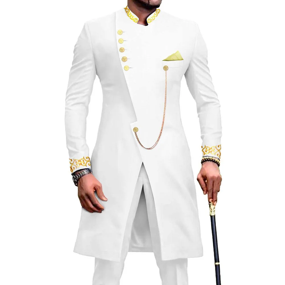 

Men Suit Custom Made Slim Fit White Wedding Groomsmen Stand Lapel Two Piece Jacket Pants Embroider Formal Blazer Costume Homme