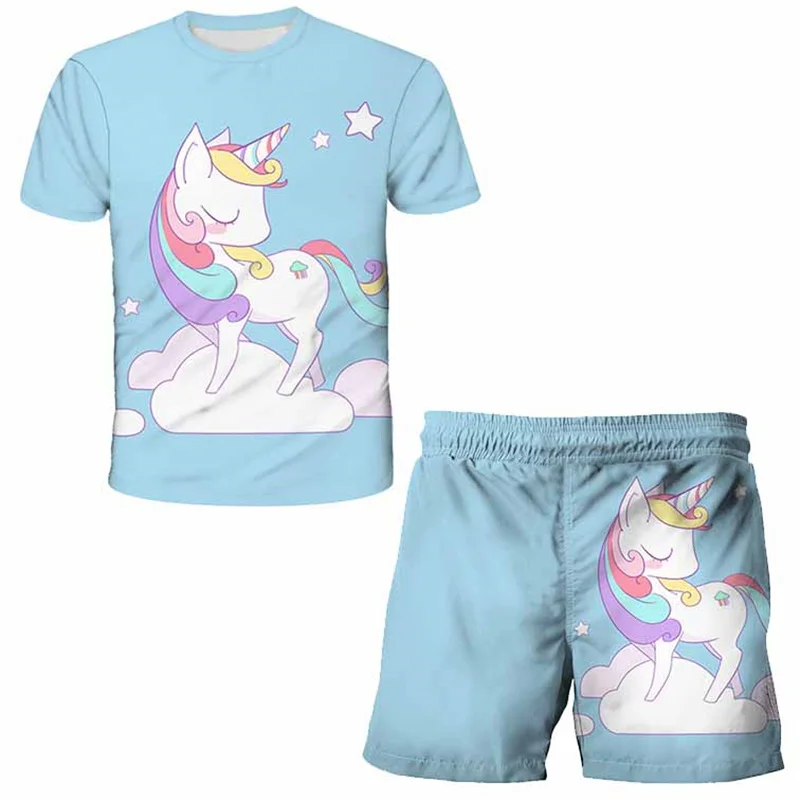 

Summer Girls Unicorn Clothes Suit Children Fashion Boys Girls Cartoon T-Shirts Shorts 2Pcs sets Casual Clothing Kids Tracksuits