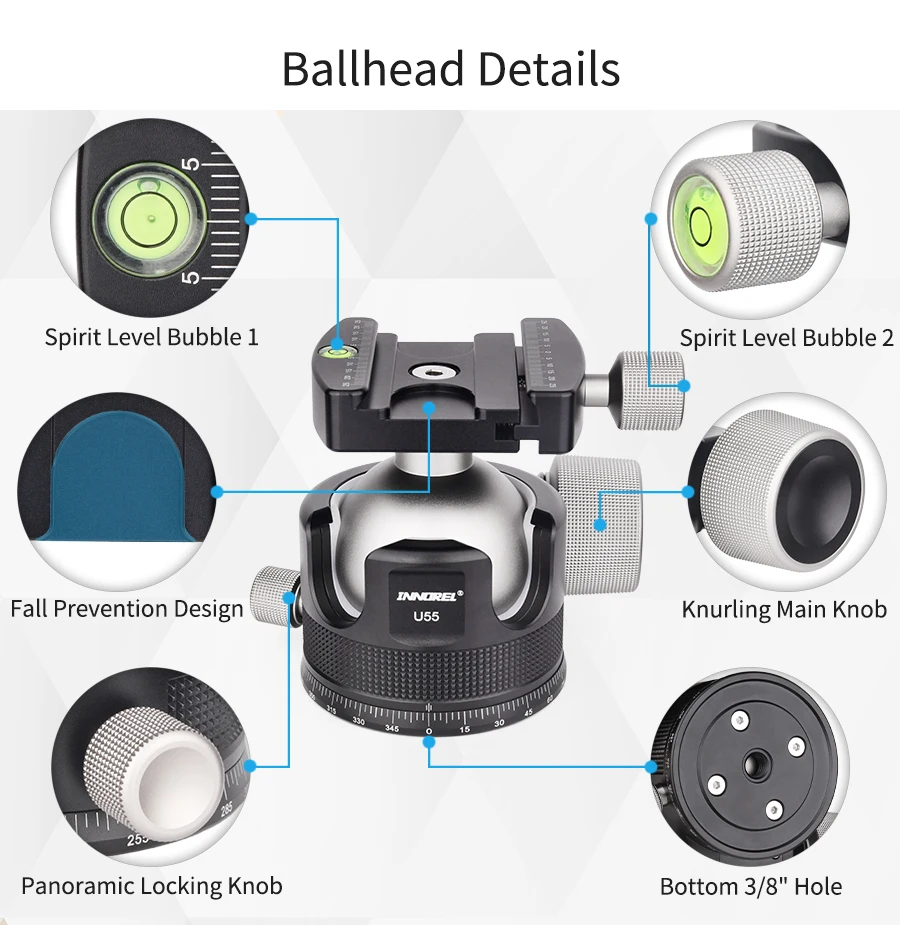 U44/U55 Low Profile Camera Tripod Ballhead, with Arca 1/4" Quick Release Plate,
