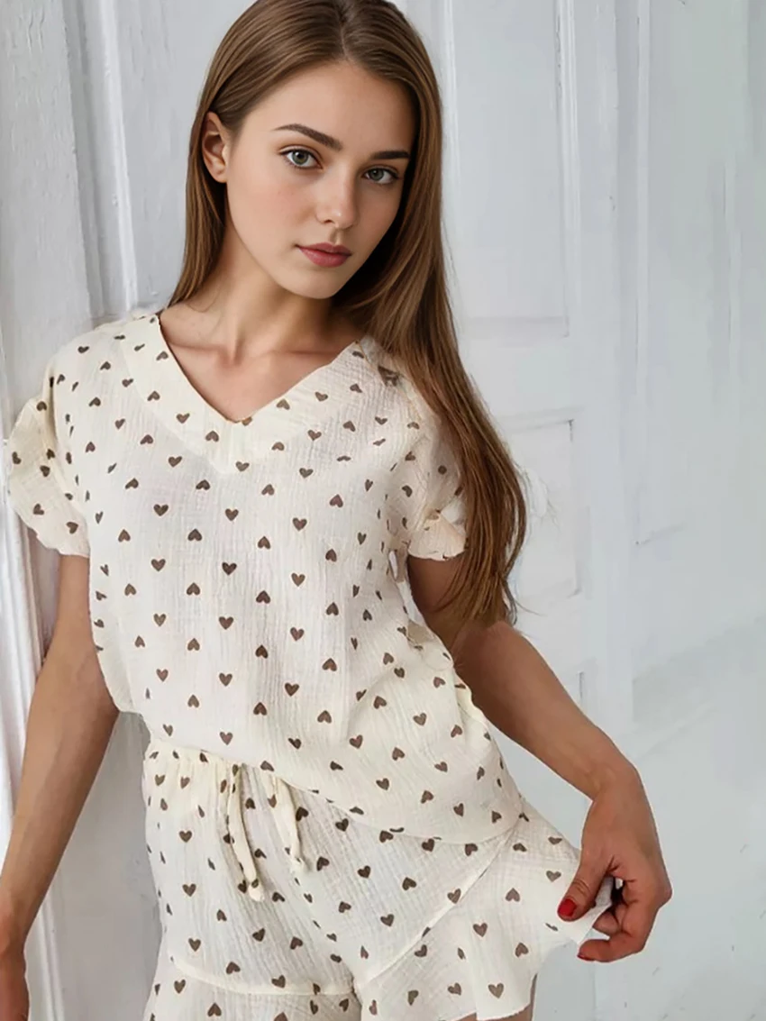 Marthaqiqi Printing Women'S Nightie 2 Piece Set Sexy V-Neck Sleepwear Short Sleeve Nightgowns Shorts Casual Female Home Clothes