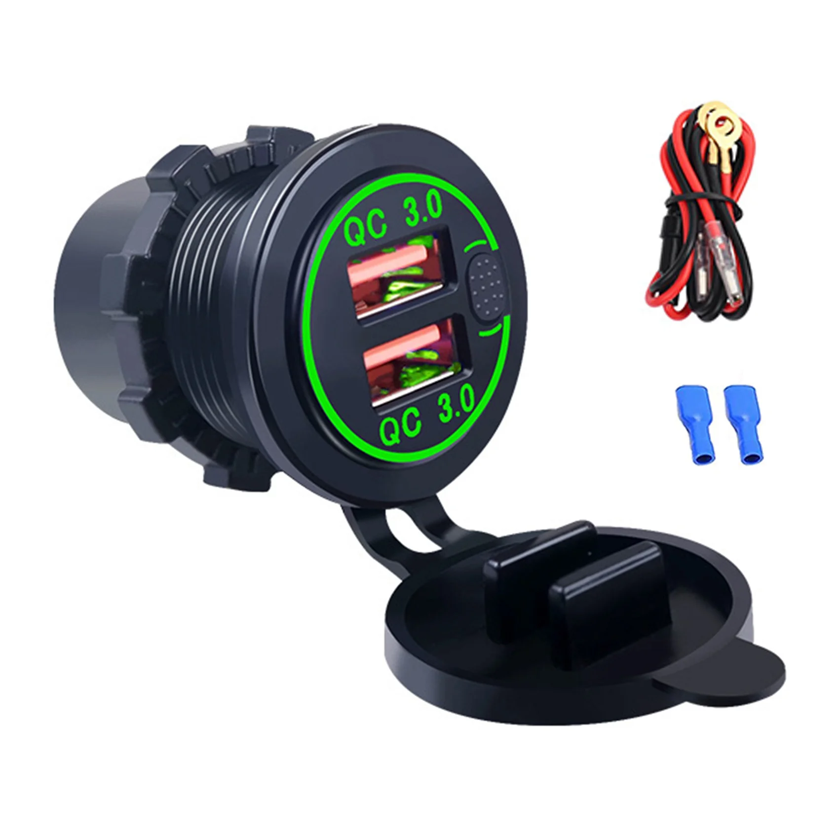 

Quick Charge QC3.0 Dual USB Car Charger Socket Waterproof 12V/24V 36W Fast Charger Power Outlet with Button Switch Green