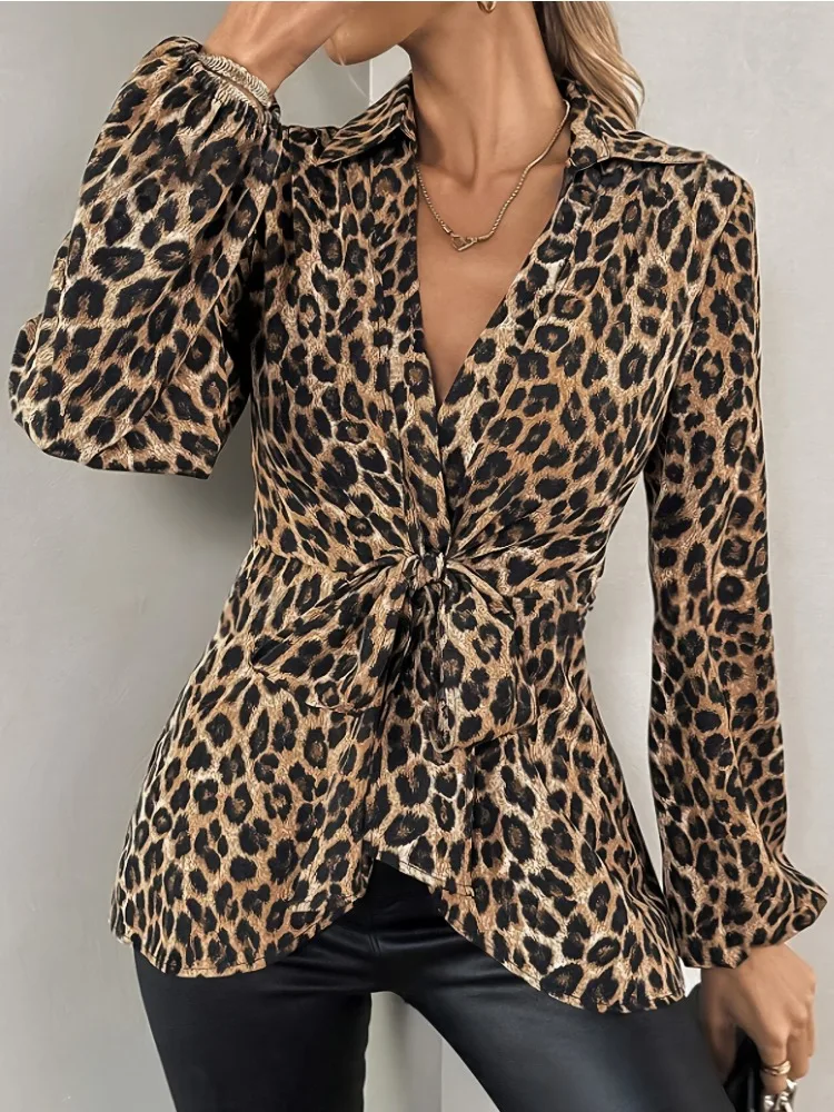 Autumn New Women's Clothing Women's Long-sleeved V-neck Cardigan Shirt Fashion Leopard Print Lace-up Lantern Sleeve Slim-fit Top