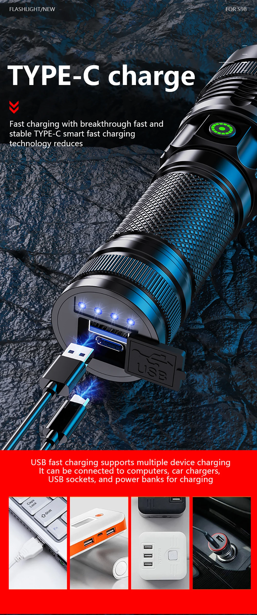 Description Picture 6 of itemSuper Bright Spotlight Long Range LED Flashlight 100000 Lumen Built-in Battery USB Charging Waterproof Portable Camping Torch