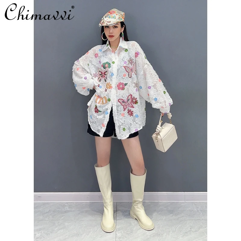 

2024 Spring Autumn New Fashion Long Sleeve Printed Flocking Loose Cute Shirt Sweet Elegant Leisure Large Size Blouse Women Tops