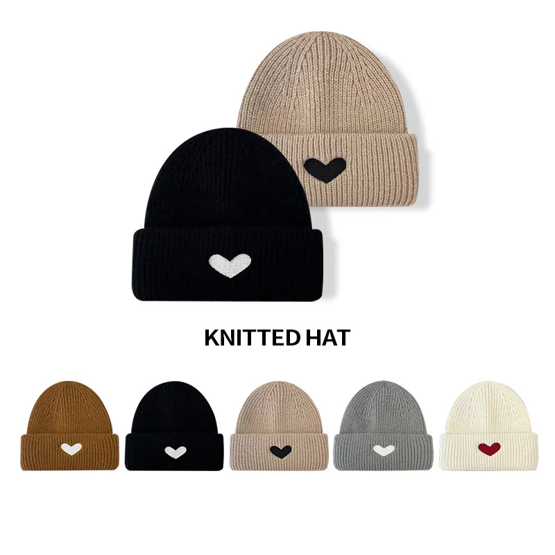 

Heart Embroidery Knitting Beanie Hats Keep Warm Crimping 2022 Fashion Hip Hop Winter Hat Skullies Beanies Unisex Couple Hat 422