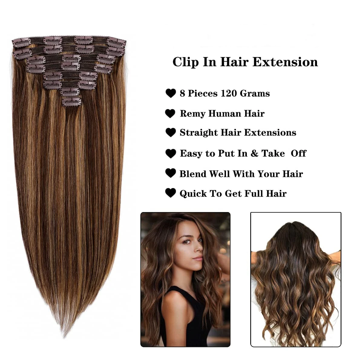 Straight Hair Clip In Human Hair Extensions Real Human #4/27 Brown Highlights Blonde Clip Ins Remy For Women 120G