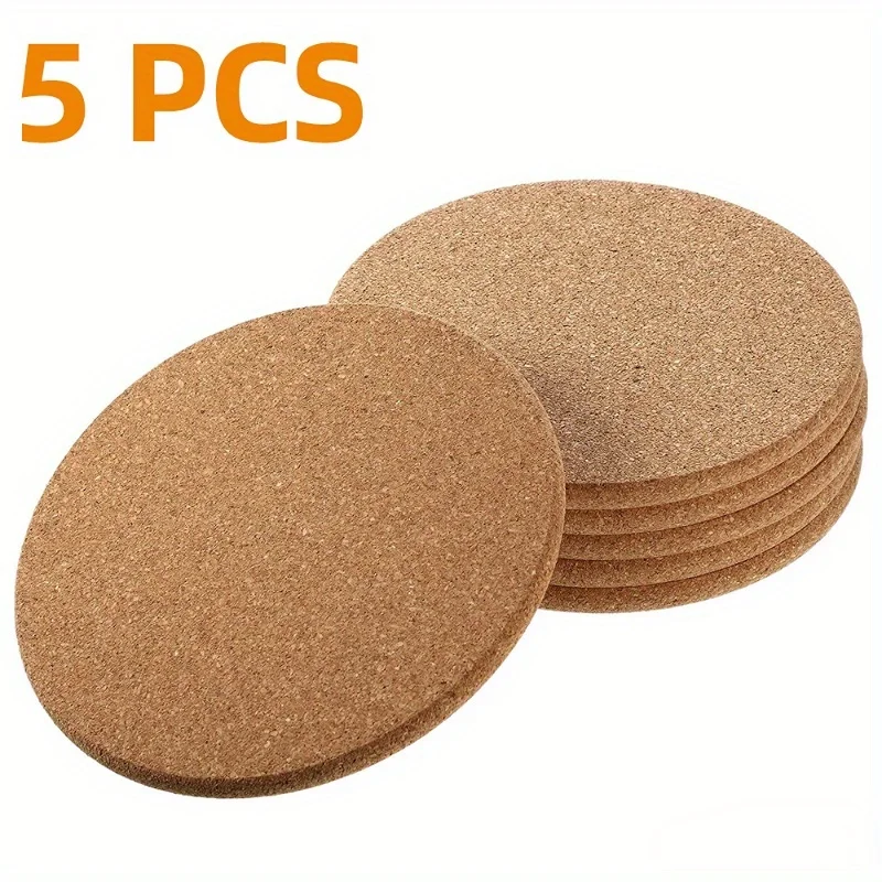 5pcs Insulated Non-slip Cork Table Cushion，Cork Coaster, Placemat, Cork Mat, Round Absorbent, Insulated, Non-slip Cork Table Mat