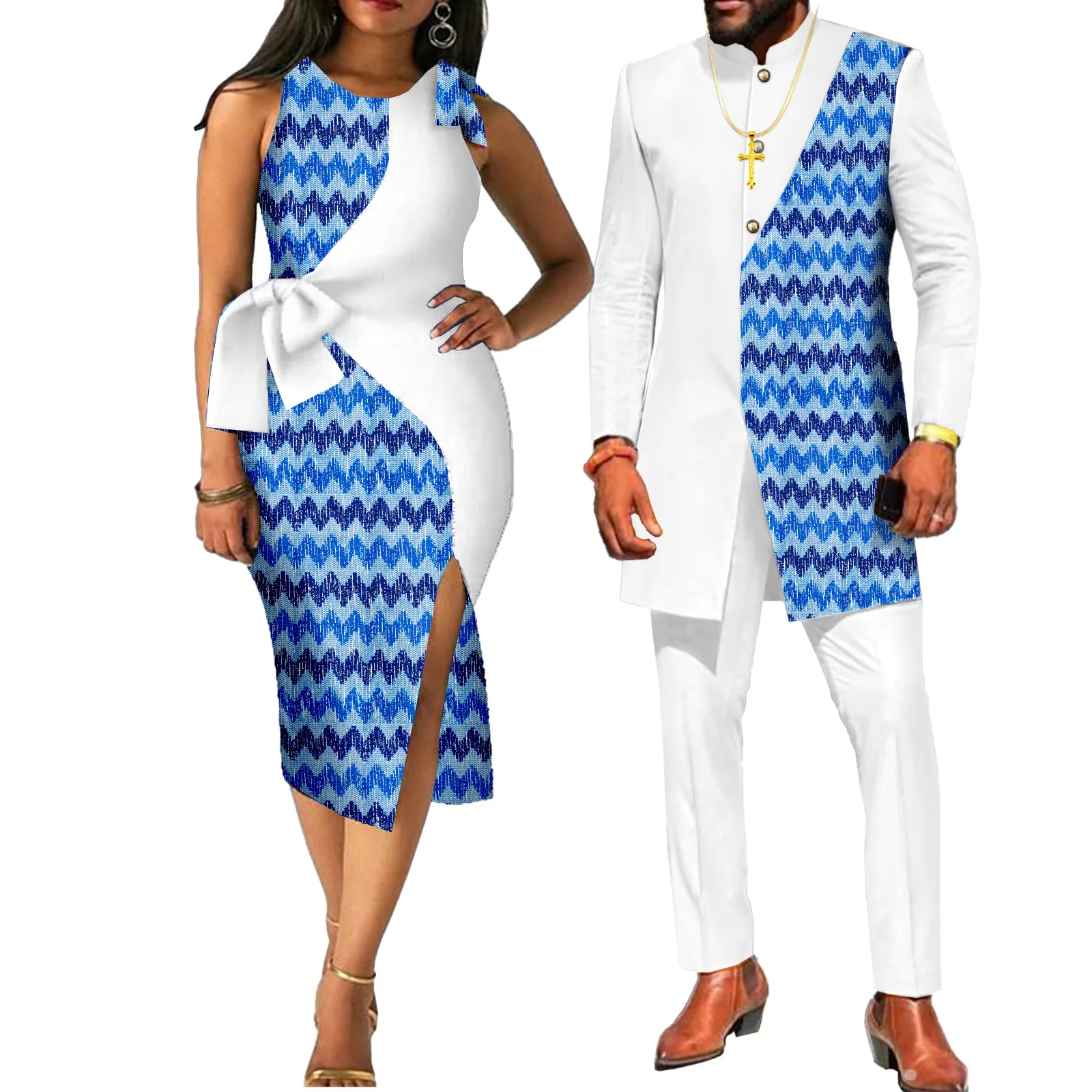 African Couple's Outfits Kente Women Print Wax Cotton Patchwork