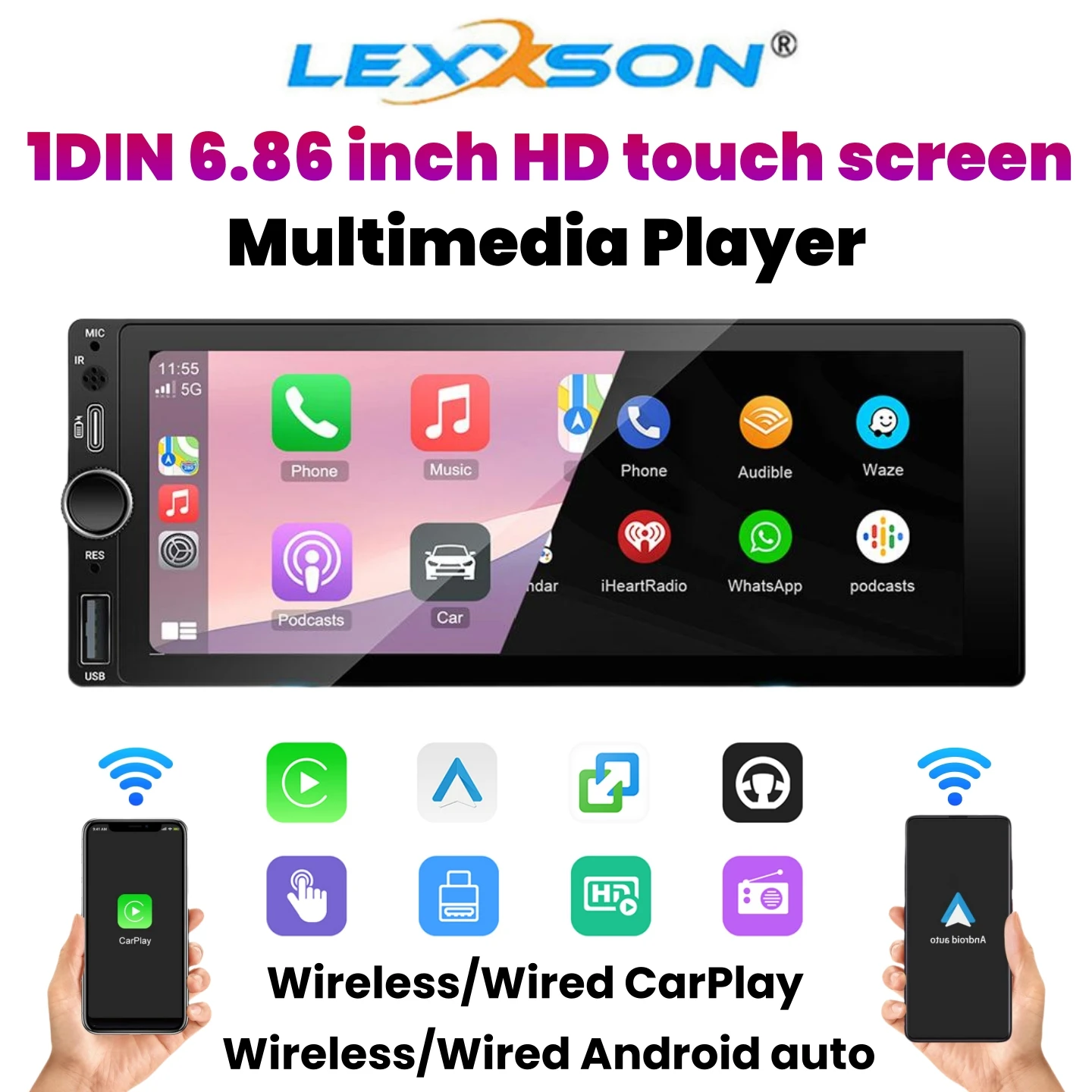 6.86 Inch 1 Din Universal Car Radio for Kia Lada Ford VW Opel Jeep Wired Carplay BT Navigation GPS MP5 Player FM Stereo