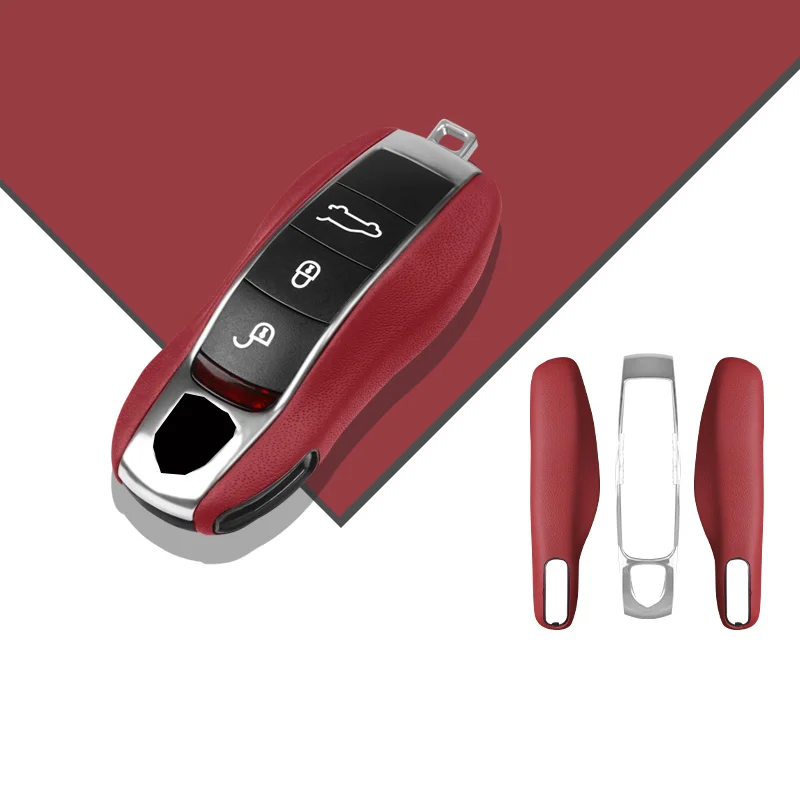 Genuine Leather Car Key Case Cover Protective Keychain For Porsche Boxster Cayman Panamera Cayenne Macan 718/911 Taycan