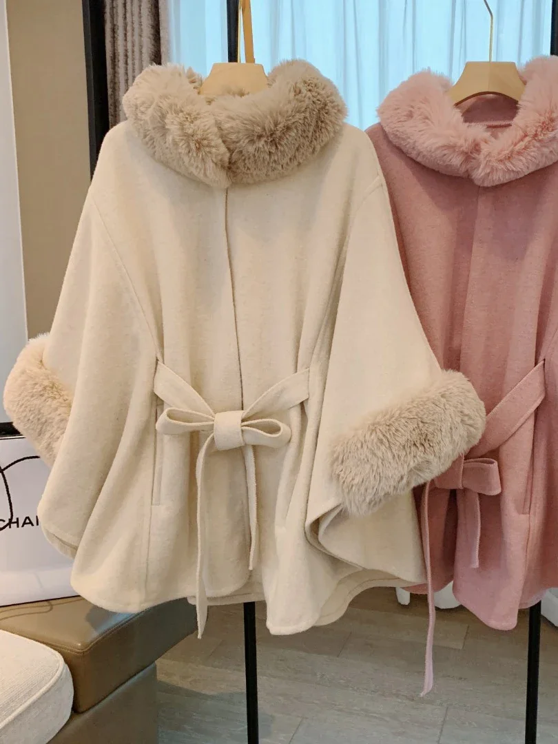 2024New Factory Direct Elegant Autumn Winter Rex Rabbit Fur Collar Belt Knitted Poncho Cape Shawl Woolen Large Size Women's Coat