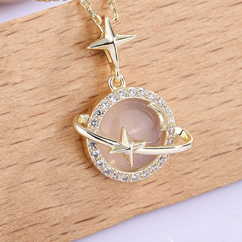 

Vintage Fashion Opal Star Planet Pendant Necklace for Women Simple Elegant Zircon Necklace Female Rhinestone Temperament Jewelry