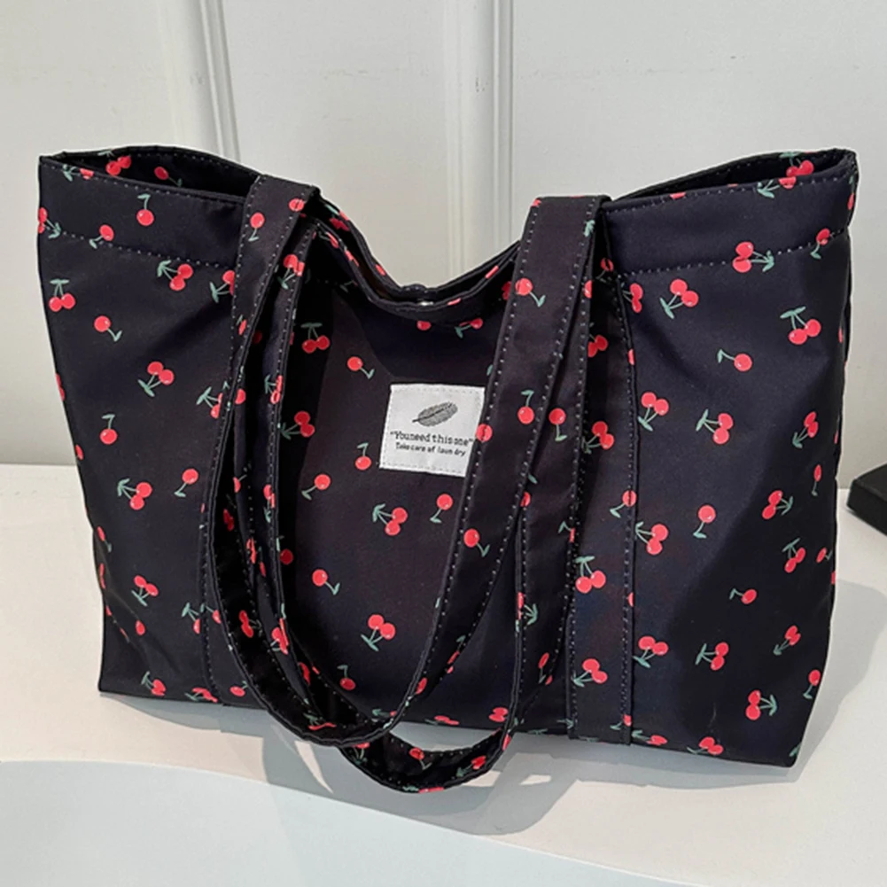 Cute Cherry Strawberry Print Casual Tote Bag Large Capacity Shoulder Purse Nylon Top Handle Bag Grocery Bag for Women