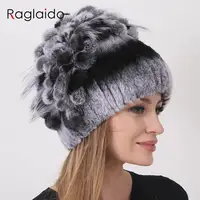 Floral Rabbit Fur Hat Women Fluffy Warm Winter Thick Hat Elegant Stylish Russian Fur Cold Hat Rex Rabbit Fur Beanies Striped Top 1