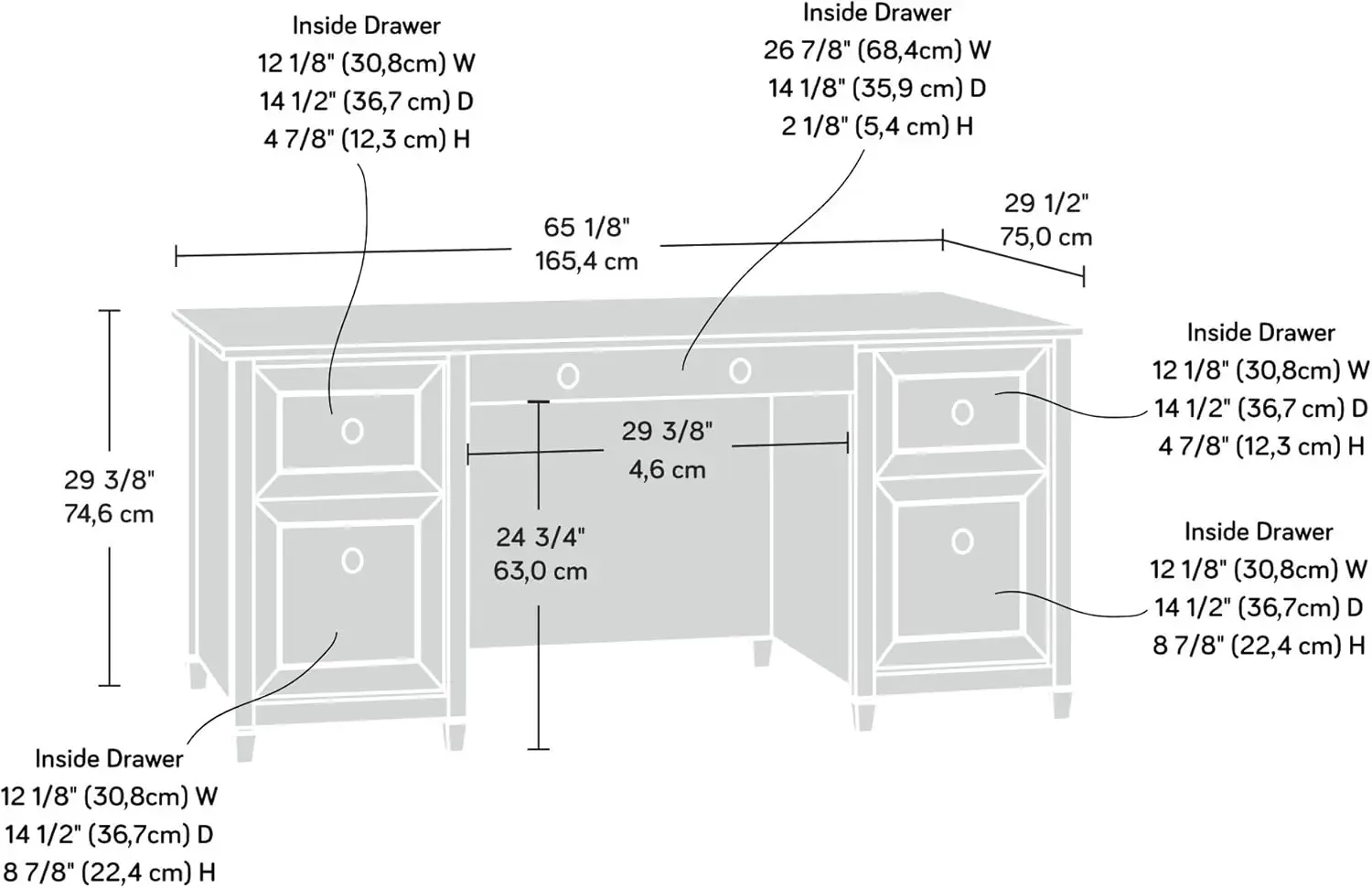 Sauder Edge Water Executive Desk, L: 65.12" x W: 29.53" x H: 29.37", Chalked Chestnut 3