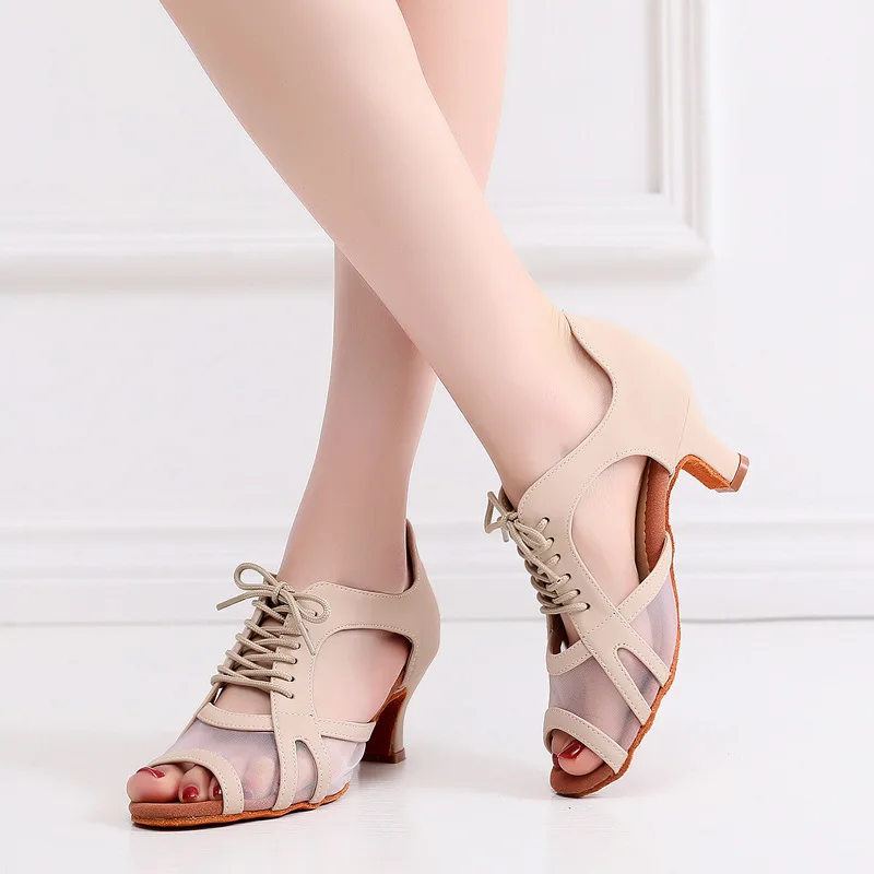 

New Mesh Latin Dance Shoes Women Ladies Soft Rubber And Suede Sole Breathable Ballroom Tango Modern Dance Sandals 5.5cm Heel