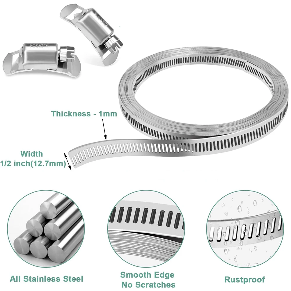 

Stainless Steel Hose Clamp Strap with 8 Fasteners Worm Clamp Adjustable Worm Gear Pipe Ducting Hose Clamp