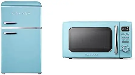 

Retro Compact Refrigerator, Mini Fridge with Dual Doors, 3.1 Cu FT, Blue & GLCMKZ11BER10 Retro Countertop Microwave Oven wit Hom