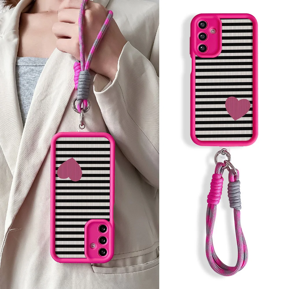 Stylish Stripe Pattern Wrist Chain Lanyard Case with Love Heart Design and Hanging Strap