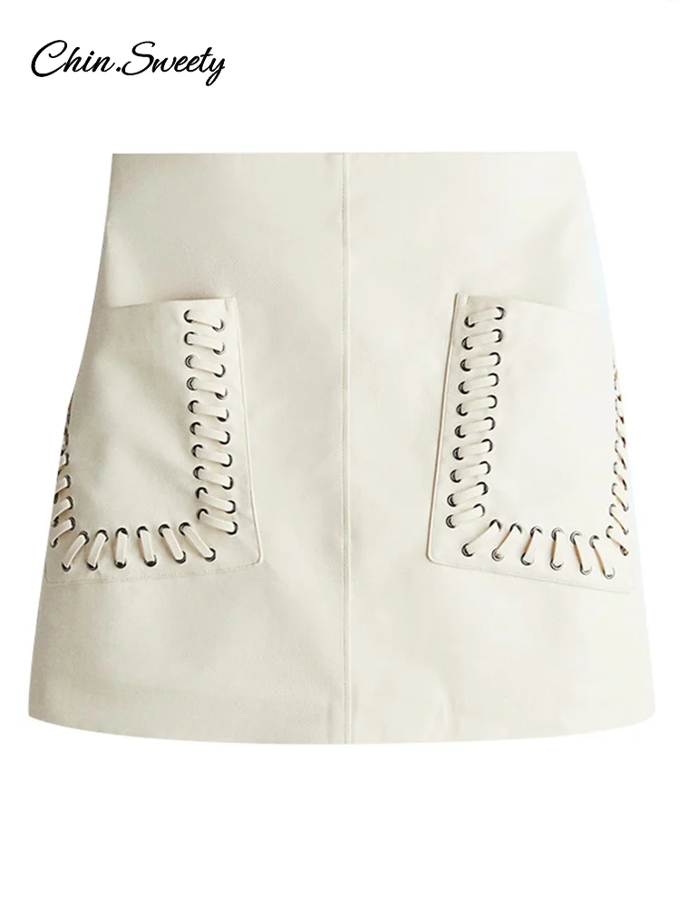 Fashion Leather Mini Skirts For Women Bandage Pockets Hip Pockage A-line PU Skirt 2025 Spring Summer Lady Party Club Gowns ﻿