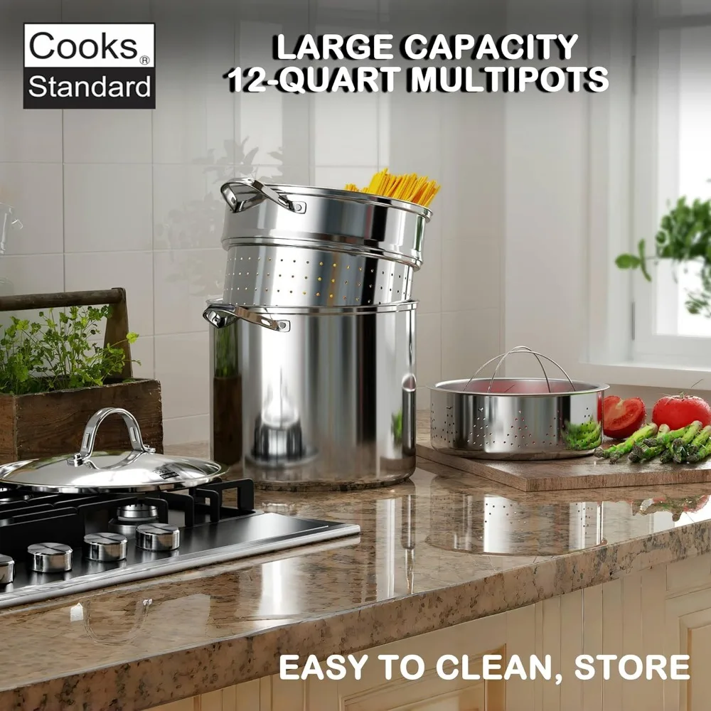 Cooks Standard Pasta Pot 18/10Stainless Steel 12Quart,Spaghetti Cooker Steamer Stock Pot Multipots Strainer Insert,Stainless