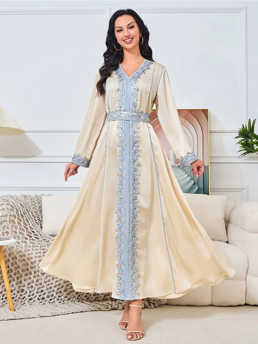 

ИД атласное платье в мусульманском стиле с V-образным вырезом, женское длинное платье на шнуровке с вышивкой Abaya, Марокканское платье, кафтан, арабское длинное платье 2024