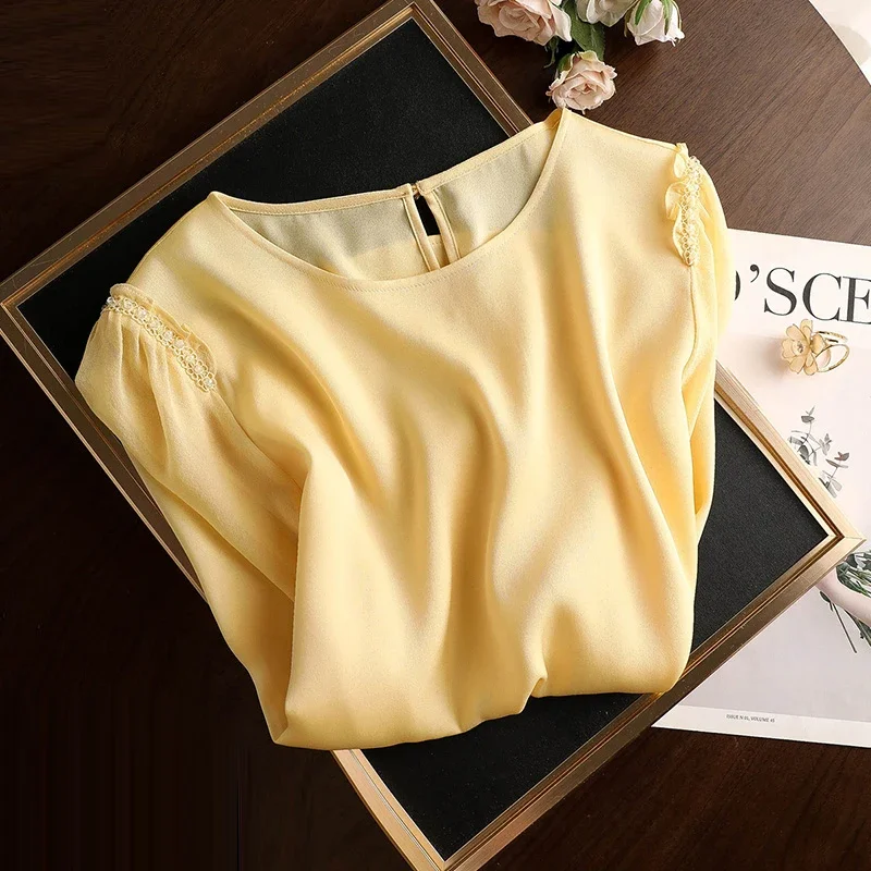 

New Elegant Office Lady Silk Mulberry Satin Blouse Women Shirts Summer Short Sleeve Tops O-neck Solid Color Loose Clothes 27197