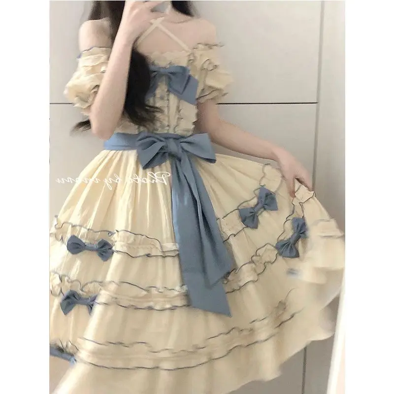 Sweet Jsk Lolita Dresses Summer New Japanese Bowknot Polka Dot Pleated Doll Italian Dresses Women's Fashion Cute Clothing