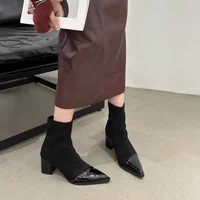 Women's New Autumn Chunky Single Boots Pointed Suede Splicing Anti-slip Wear-resistant Ankle Boots - Image 5