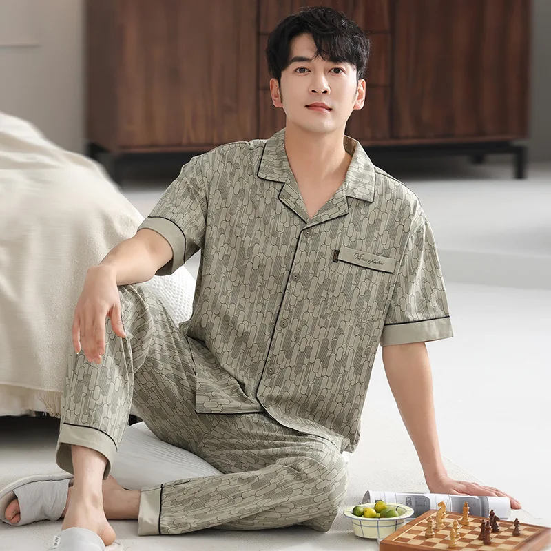 Summer Men's Thin Pure Cotton Pajamas Lapel Short Sleeve Cardigan Pants Oversized Home Clothing Set Casual Comfortable Sleepwear