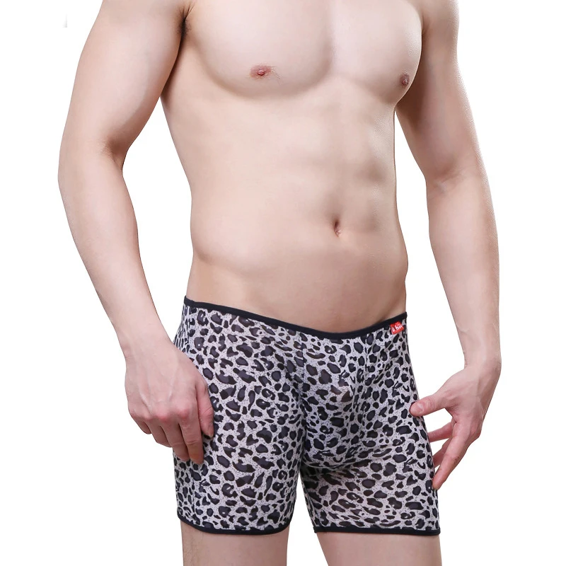 

Mens Underwear Leopard Printing Sexy Long Boxer Cueca Mesh Lingerie See Through Mentrual Panties Ropa Interior Para Hombres