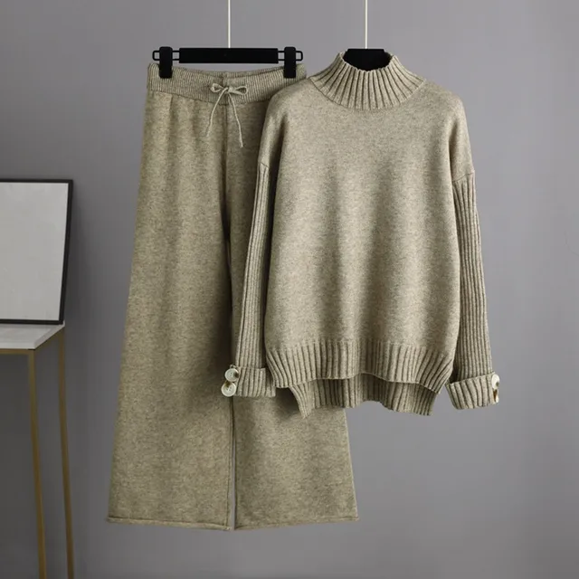Women Knitwear Sets Long Sleeve with Buttons Turtleneck Side Slit Sweater Elastic Waist Wide Leg Pants Autumn Winter Outfits 2