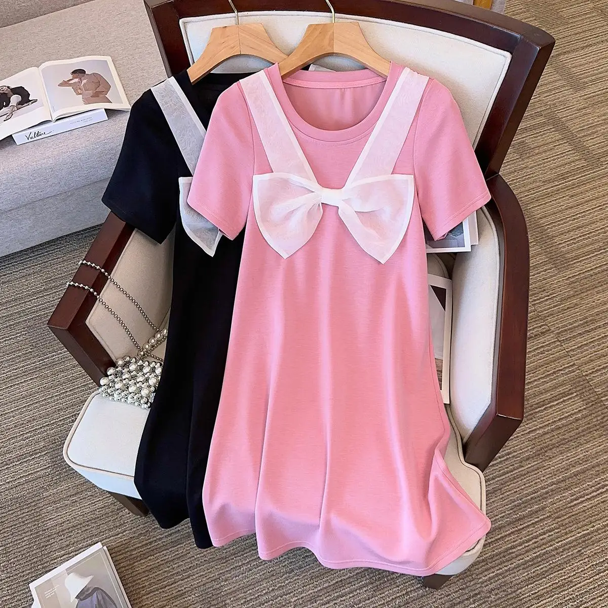 

Women Casual Loose Cotton Dress 2023 New Summer Short Sleeve Bow T Shirt Knee Dresses Female Fashion Robe Large L-4XL Clothing